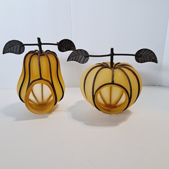 Vintage Frosted Blown Rod Iron Caged Fruit Votive Candle Holders - Picture 1 of 7